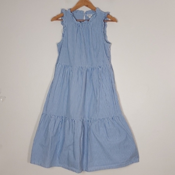 J. CREW Tiered Midi Ruffle Dress Blue White Stripe Size 2 - Picture 2 of 14